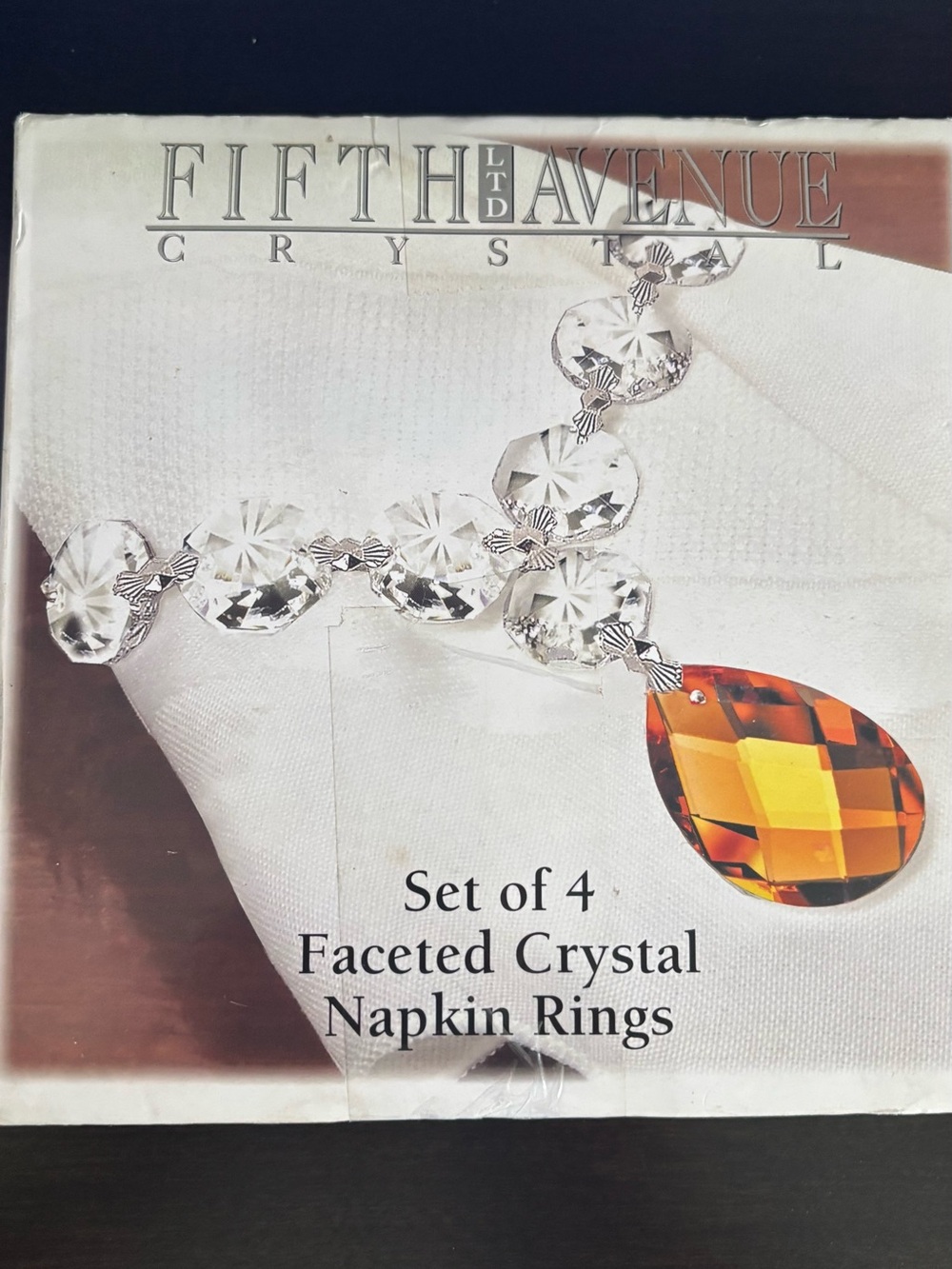 Saks Fifth Avenue Crystal Napkin Rings with Amber Teardrop